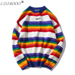 LISIBOOO New Fashion Retro Men Sweater Round Neck Sweater Rainbow Striped Couple Sweater Men and Women Lovers Loose Tops