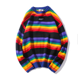 LISIBOOO New Fashion Retro Men Sweater Round Neck Sweater Rainbow Striped Couple Sweater Men and Women Lovers Loose Tops