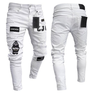 Men's Jeans Skinny Hip Hop Cool Streetwear Biker Embroidery Patch Hole Ripped Zipper Jeans Slim Mens Clothes Pencil Homme Jeans