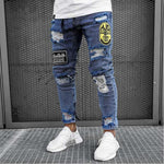 Men's Jeans Skinny Hip Hop Cool Streetwear Biker Embroidery Patch Hole Ripped Zipper Jeans Slim Mens Clothes Pencil Homme Jeans