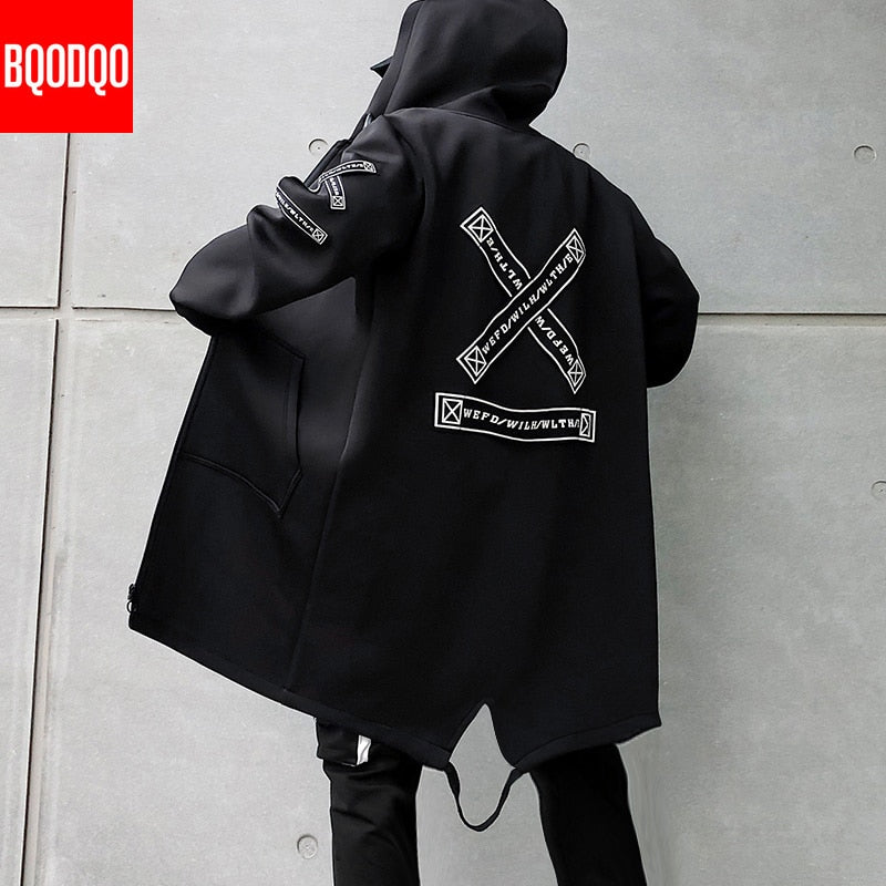 Winter Slim Long Trench Coat Men Letter Print Military Style Hooded Overcoat Black Hip Hop Streetwear Autumn Korean Mens Jacket