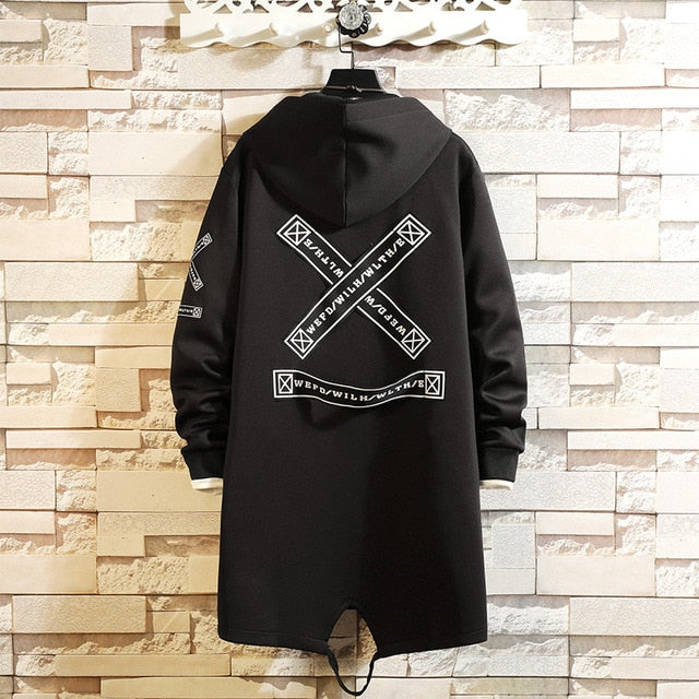 Winter Slim Long Trench Coat Men Letter Print Military Style Hooded Overcoat Black Hip Hop Streetwear Autumn Korean Mens Jacket