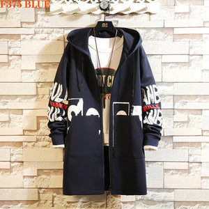 Winter Slim Long Trench Coat Men Letter Print Military Style Hooded Overcoat Black Hip Hop Streetwear Autumn Korean Mens Jacket