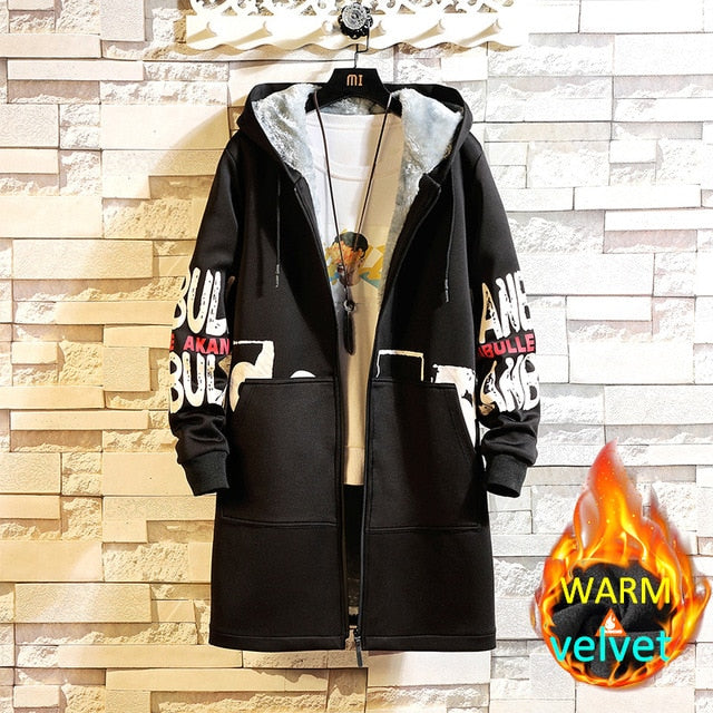 Winter Slim Long Trench Coat Men Letter Print Military Style Hooded Overcoat Black Hip Hop Streetwear Autumn Korean Mens Jacket